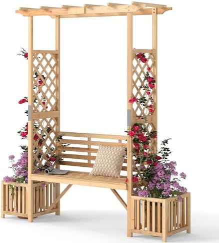 HAPPYGRILL Patio Garden Arbor with Bench, Wooden Outdoor Bench w/Pergola, Planting Box, Side Trellis for Vines & Climbing Plants, 2-Person Outdoor Wood Seating for Patio, Backyard, Parks HAPPYGRILL Patio Garden Arbor with Bench, Wooden Outdoor Bench w/Pergola, Planting Box, Side Trellis for Vines & Climbing Plants, 2-Person Outdoor Wood Seating for Patio, Backyard, Parks