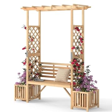 wooden pergola with bench