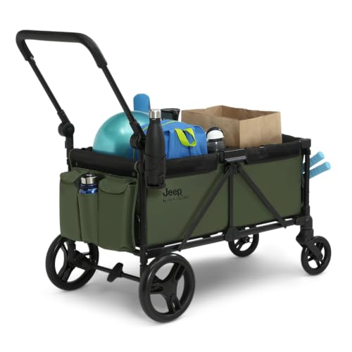 Image of Jeep Sport Stroller Wagon by Delta Children, Black /Green | Stroller Wagon with 2 Canopies, Parent Organizer, Cup Holders, Adjustable Handlebar and Child Snack Tray