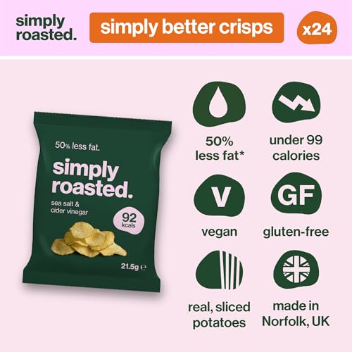 Simply Roasted - Sea Salt & Vinegar Crisps | 24 x 21.5g Impulse Bags | Tangy & Salty | Vegan | 50% Less Fat | Under 99 Cals Per Serve | Triple Cooked for the Ultimate Crunch | Gluten & Allergen-Free