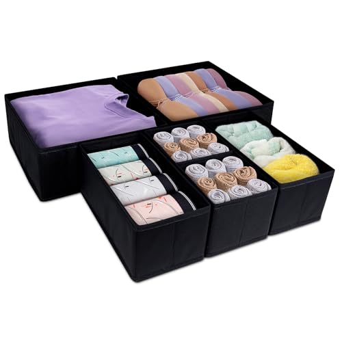 Drawer Organiser-6 Pack Wardrobe Storage Organizer, Desk Organiser, Thickened Fabric Storage Box with Baseboard for Underwear, Clothes, Socks, Ties, Scarves, Cosmetics, 3 Sizes, Black