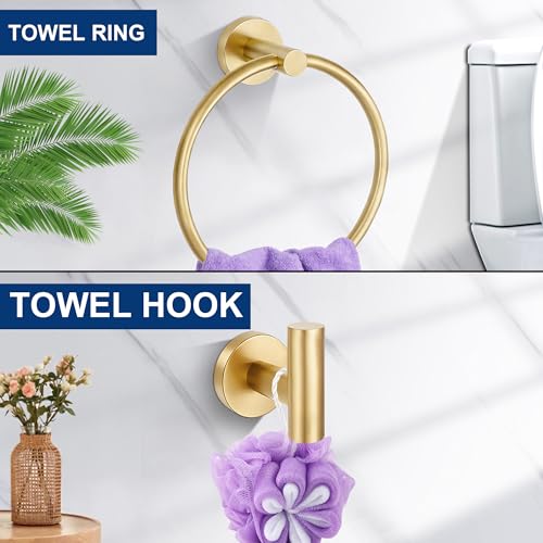 5 Pieces Bathroom Hardware Accessories Set Brushed Gold, 24Inch Bathroom Towel Rack Set SUS304 Stainless Steel, Round Toilet Paper Holder with Shelf Heavy Duty, Wall Mounted - Thumbnail 5