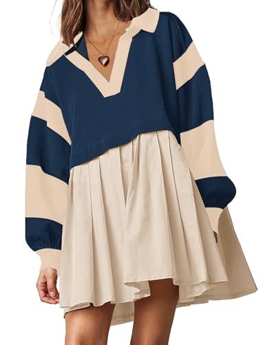 SAUKOLE Women’s Oversized Casual Sweatshirt Patchwork Dress Fall Long Sleeve Trendy Lapel Neck Pleated Mini Dress