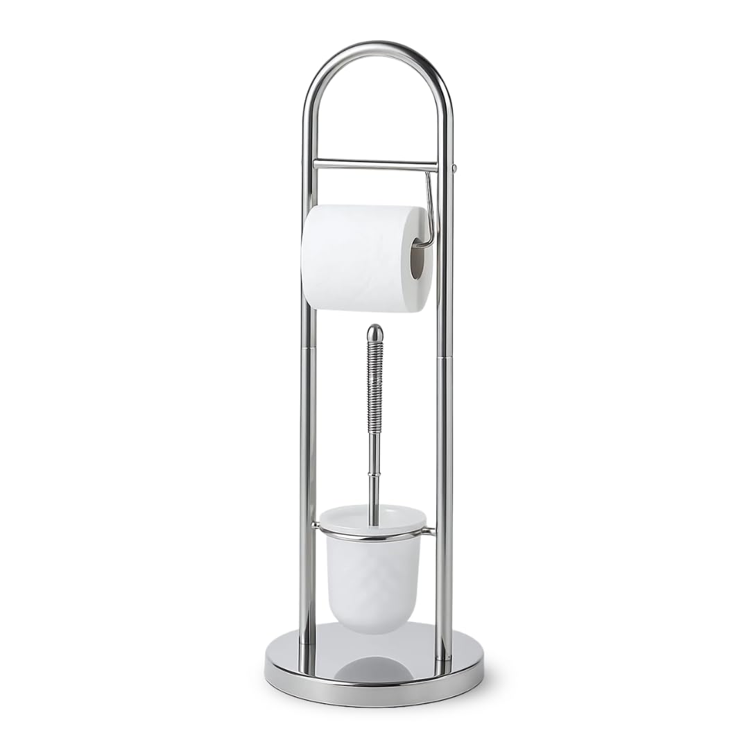 Set Porta Carta Igienica e Scopino WC - 20x65 cm Piantana da BAGNO Portarotolo e Scopino in Acciaio Inox - Porta Rotolo Carta Igienica Da Terra con Design Salvaspazio -Teddy