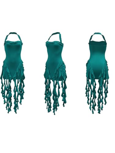 Image of Women's Sexy Fringe Ruffle Halter Neck Off Shoulder Bodycon Blackless Ruched Tassel Hem Mini Flowy Dress