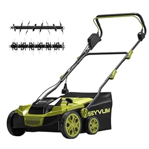SEYVUM 15 Amp 15 inch Electric Dethatcher and Scarifier, Corded Lawn Dethatcher with 40L Collection Bag, 5-Position Working Height, Green