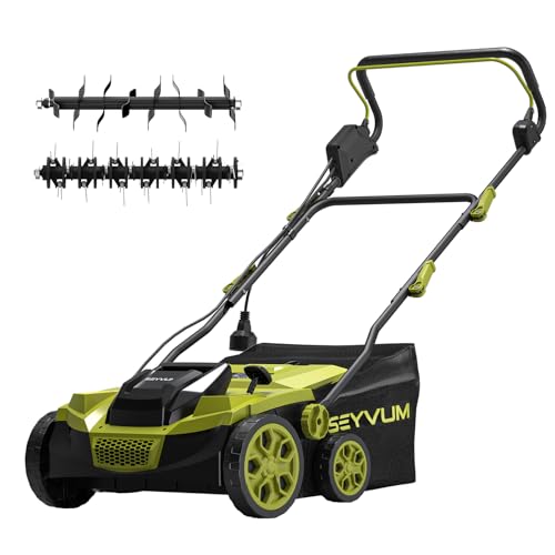 SEYVUM 15 Amp 15 inch Electric Dethatcher and Scarifier, Corded Lawn Dethatcher with 40L Collection Bag, 5-Position Working Height, Green