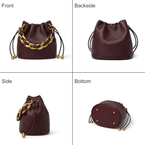 Image of DORIS&JACKY Small Top Handle Bucket Bag, Designer Lambskin Drawstring Crossbody Purse with Chunky Chain Tote Strap