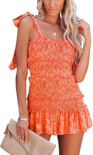 Image of yoeasy Women Spaghetti Floral Print Tiered Tie Slim Fit Short Dresses Summer Sleeveless Ruffle Smocked Mini Dress