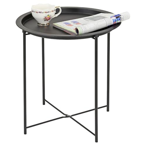 Taylor & Brown Round Tray Table with Removable Tray - Black Metal Bed Side Table Raised Lip Serving Dish Compact Collapsible Folding Stand for Bedroom, Home and Office