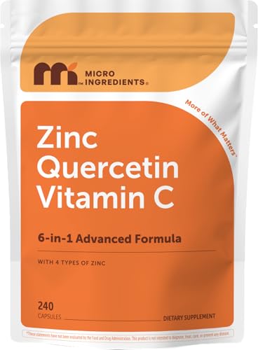 Micro Ingredients Quercetin with Vitamin C & Zinc 240 Capsules | 6in1 Formula with Quercetin Vitamin C & 4 Zinc Forms (Picolinate Citrate Glycinate Gluconate) | NonGMO