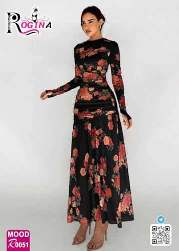 Elegant Lingerie Dress Floral Cluster Mesh Print Asymmetrical Hem Slimming Fit Dress With Sleeve Cover For Parties (Style 3)