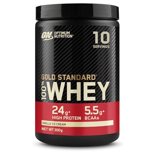 Optimum Nutrition Gold Standard 100% Whey, Proteína en Polvo para Recuperacíon y Desarrollo Muscular con Glutamina Natural y Aminoácidos BCAA, Sabor Helado de Vainilla, 10 Dosis, 300g