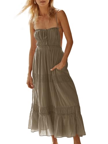 Image of Wenrine Womens Summer Beach Dresses Backless Spaghetti Straps Self Tie Tiered Flowy Casual Maxi Dress with Pockets