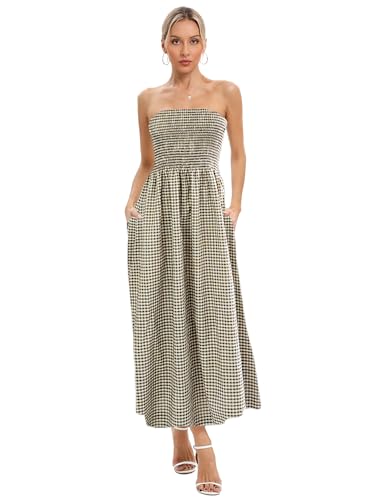 Image of Aigeman Women Strapless Tube Maxi Dress Flowy Swing Long Beach Sundress Sleeveless Boho Summer Dress with Pokets 330