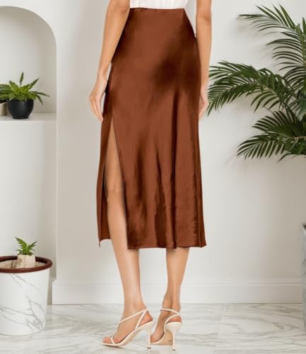 Image of Amy Babe Womens Satin Silk High Waist Slit Midi Skirt Long Skirts for Women | Elastic Waistband, Side Split, Midi Length, Below the Knee, Silky Fabric, Elegant, Fall Winter Outfits