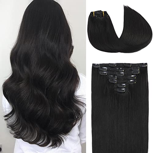 ODINSON Hair Extensions Clip in Human Hair 20 Inch 7pcs 120g Remy Hair Extensions Human Hair Clip ins Long Straight Natural Black Extensions for Women…