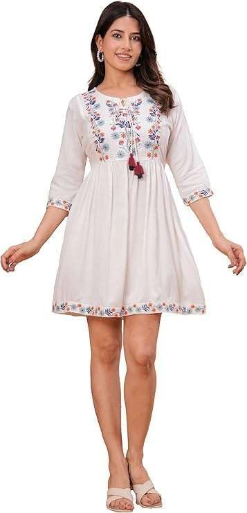 Women Cotton Embroidered Indian Short Kurti| A-LineTunic Top | Boho Ethnic Casual Party Festive Wear Office Short Kurti Tops Tunics (Large) White