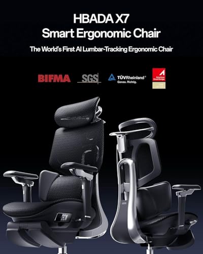 Hbada X7 Ergonomiczne krzesło biurowe: Pierwsze siedzisko z inteligentnym podparciem lędźwiowym AI na świecie, masaż bioniczny 8D, podłokietnik 720°, nachylenie 140°, poduszka Cloud, luksusowe krzesło