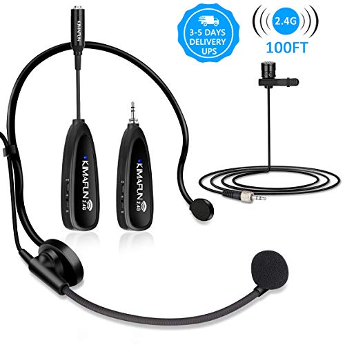 Wireless Microphone Set, KIMAFUN 2.4G Wireless Headset Microphone and Lavalier Lapel Mics, Beltpack