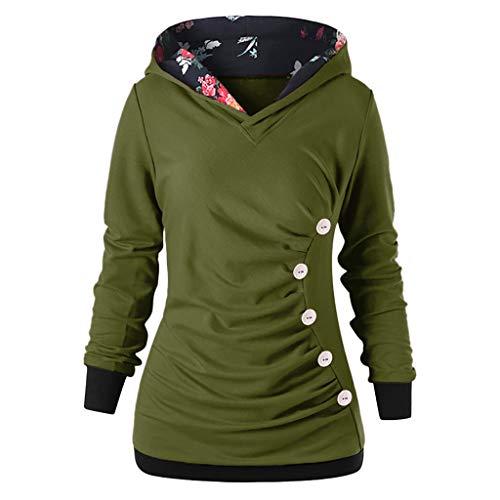 VECDY Hoodie Damen Pullover Mode Bluse Blumendrucken Kapuzenpullover Langarm mit Knöpfen Lang Locker Sweatshirt Kapuzenpulli Herbst Tunika Mantel Tops