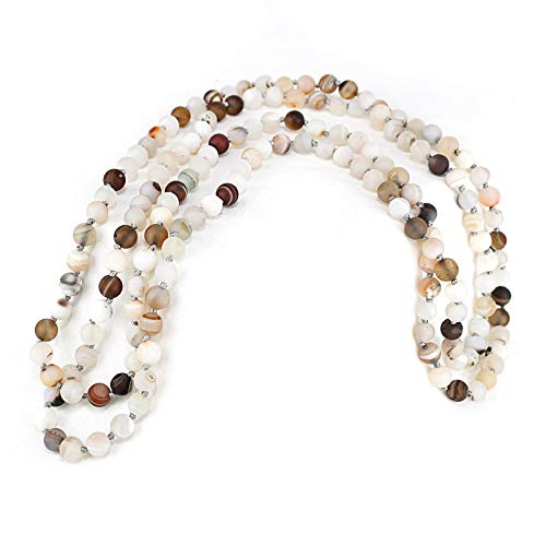 POMINA 8mm Semi Precious Stone Beaded Long Necklaces Hand Knotted Natural Gemstone Beads Strand Long Necklace for Women, 60 inches (Grey Agate)