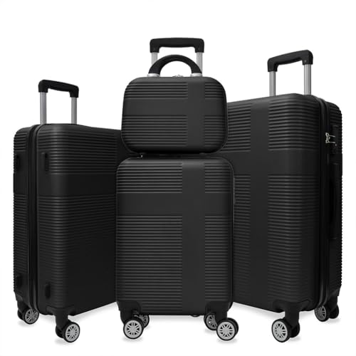 4 Piece Luggage, Modern Lightweight Suitcase with Hooks and Spinner Wheels Cross Stripe Luggage Sets with Password Lock and Telescopic Rod for Business Travel Domestic Foreign Travel,Black