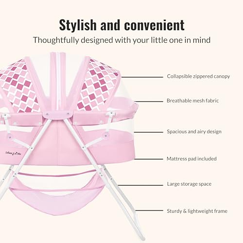 Image of Dream On Me Karley Portable Newborn Bassinet with Double Mesh Canopy, Foldable Travel Bassinet with Storage Basket, Lightweight, Indoor Outdoor Use, Rose