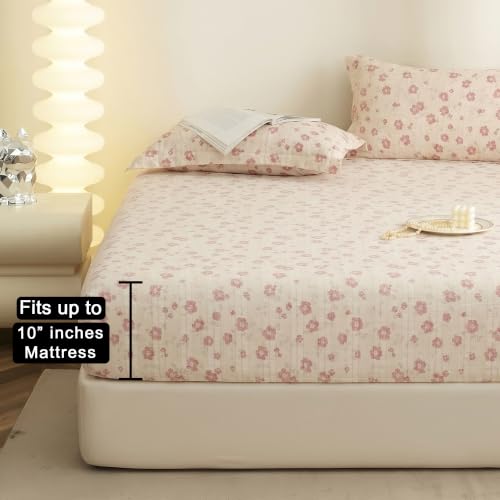 Image of Story@Home King Size Bedsheet | Cloud Cotton Fitted Sheet King Size with Two Pillow Covers| Super Soft Bed Sheet for King Size Bed | Floral Design (270 x 250 cm, Pastel Pink)