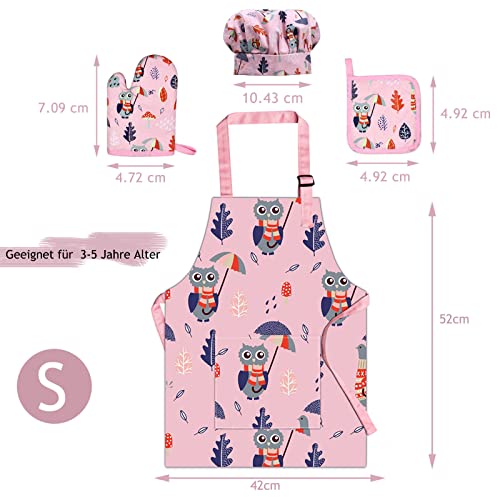 Kids Apron and Chef Hat Set with Oven Mitt and Hot Pad, Chef Outfit for Girls Aged 3-5 Kitchen Dress Up, Pink Cute Kids Apron Cotton with Pocket for Painting Cooking Baking Gardening