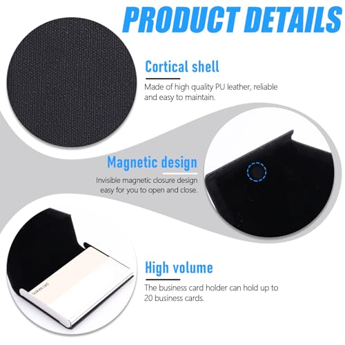 3 Pcs Black PU Leather Business Card Case with Magnetic Closure, Stainless Steel Business Card Holder, Business Card Wallet for Women Men (Black)4