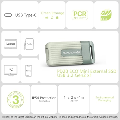 Image of TEAMGROUP PD20 ECO 4TB Portable External Solid State Drive SSD Read up to 1000MB /s USB 3.2 Gen2x1 Type-C Waterproof Dustproof IP54 TPSEG4004T0C102