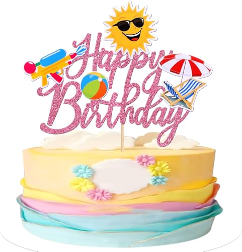 1 pieza de decoración de verano para tartas de playa Happy Birthday Cake Topper purpurina sol paraguas pistola de agua decoración para verano Hawaii Tema Baby Ducha Cumpleaños Fiesta Pastel