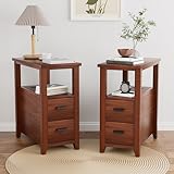 YKVIQBY End Table Set of 2, Narrow Side Table with Charging Station, Sofa Couch Table Bedside Table with Wooden Drawers, Slim Night Stand for Living Room, Bedroom, Small Space, Walnut