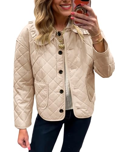 Women's Ruffle Collar Quilted Lightweight Puffer Jacket Long Sleeve Casual Cardigan Padded Coat for Autumn Winter