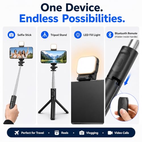 Image of Selfie Stick Tripod with LED Fill Light, Extendable Mobile Phone Stand for Video Recording, Vlogging, Live Streaming & Video Calls, 360 Rotation, Compatible with Android & iPhone