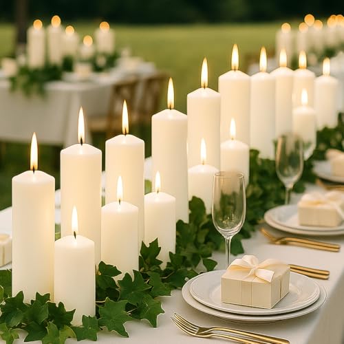 Veiuwa 36 Pcs White Pillar Candles Bulk Set，2x3 2x6 2x8 Inch - 12 Each Size，Hurricane...