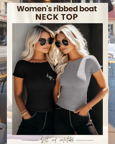 Riyiper 3 Pack Women's Lettuce Trim Boat Neck Tops Ribbed Short Sleeve T-Shirts Crop Slim Fit Summer Basic Tees Shirt3