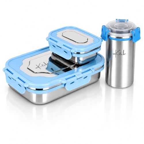 Image of Insulated Stainless Steel Lunch Box Combo Set 800ml with Airtight Leak-Proof Clip Lock Lid, Durable (Blue Tiffin with Bottle)