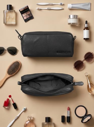 Image of Calfnero Genuine Leather Toiletry Bag for Men & Women | Premium Leather Travel-Pouch | Toiletry Organizer | Cosmetic & Shaving Kit Bag | Unisex Travel Dopp Kit (Black)