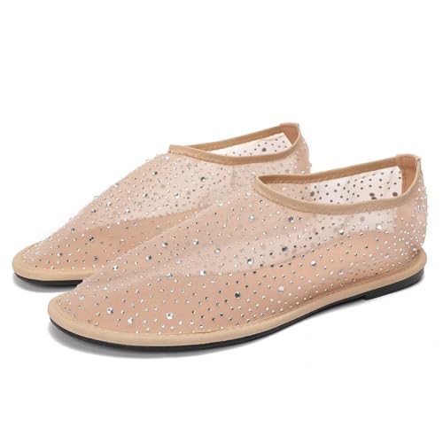 Hee grand Mesh Flats for Women Round Toe Slip On Ballerina Shoes Crystal Rhinestone Studded Drees Shoes