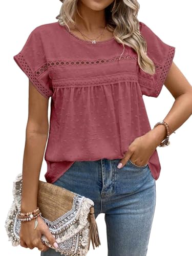 Teesho Damen Blusen Kurzarm Tuniken Elegant Swiss Dot Spitzenbesatz Vorne Falten Hemdbluse(Rosa/S)