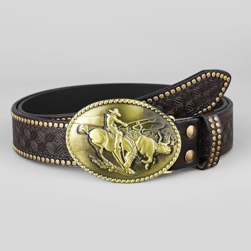 Men's Vintage Western Embossed Studded Belt - 3D Bull Rodeo Gold Oval Buckle2