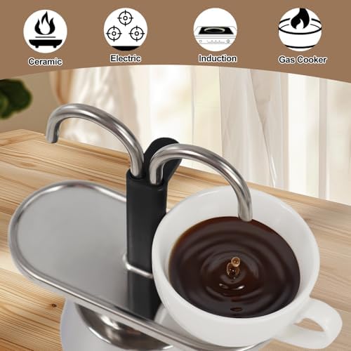 Uncoated 2 Cup Dual Pipe Moka Pot 304 Thickened Stainless Steel Mini Coffee Maker Stovetop Espresso Coffeemaker Italian Classic Style Brewing Greca Cafe Mocha Machine for Camping Travel Home 150ml - Thumbnail 3