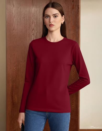 Image of JUNEBERRY Pure Cotton Round Neck Regular Fit Core Fashion Solid Full Sleeve T-Shirt for Women & Girls (Colors: Black, Cork, Green, Navy, Swanwhite & White)