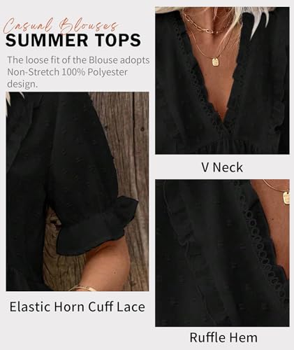 LALAGEN Womens Blouses Laser Cut Deep V-Neck Puff Sleeve Blouse Tops 2025 Summer Boho Dressy Casual Swiss Dot Babydoll Shirts3