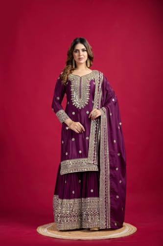 Image of Women's Heavy Embroiderd Work Purple Color Weding Wear Straight Kurta Sharara Set for Women with Dupatta