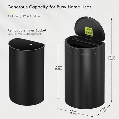 Image of EKO Mirage Semi-Round 47L / 12.4 Gal Motion Sensor Trash Can or Recycling Bin, Automatic Kitchen Trash Bin with Deodorizer Compartment, Removable Lid & Inner Bucket, Stainless Steel, Matte Black