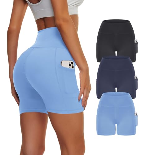 3 Pack Biker Yoga Shorts with Pockets for Women, High Waist Tummy Control Workout Running Gym