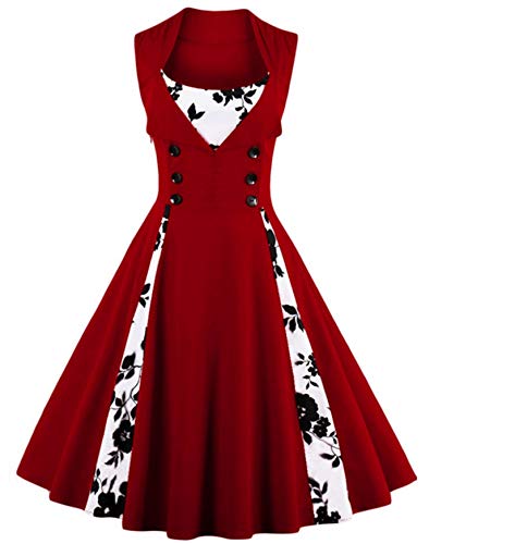 WSLCN Vestido Feminino sem Mangas Vintage Slim Fit de Flores Vestido Midi Plissado Vermelho escuro T